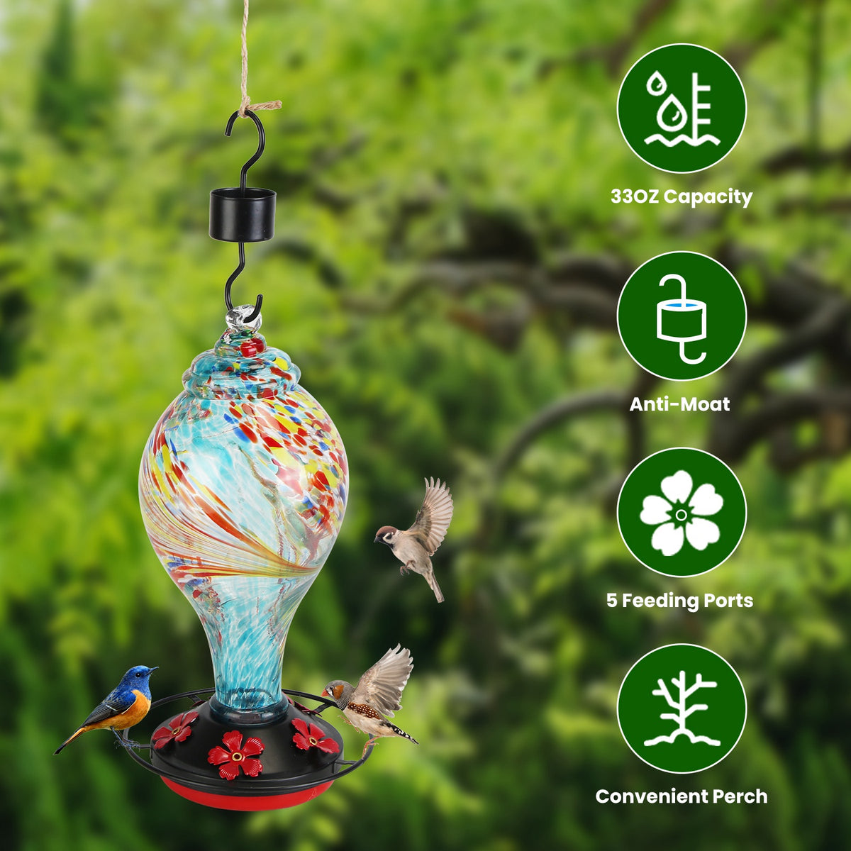 Cozymere Hand-Blown Glass Hummingbird Feeder