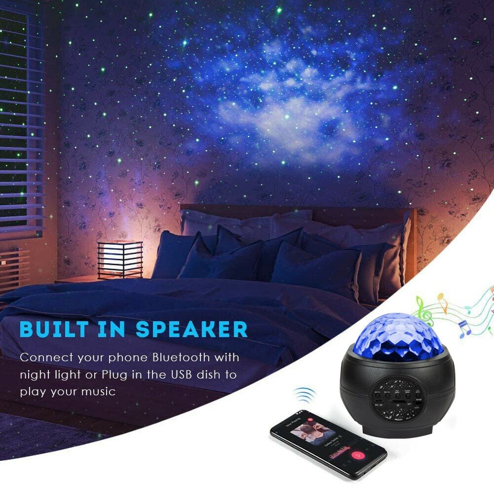 Starlight Galaxy Projector filling a bedroom ceiling with stars, played from a phone